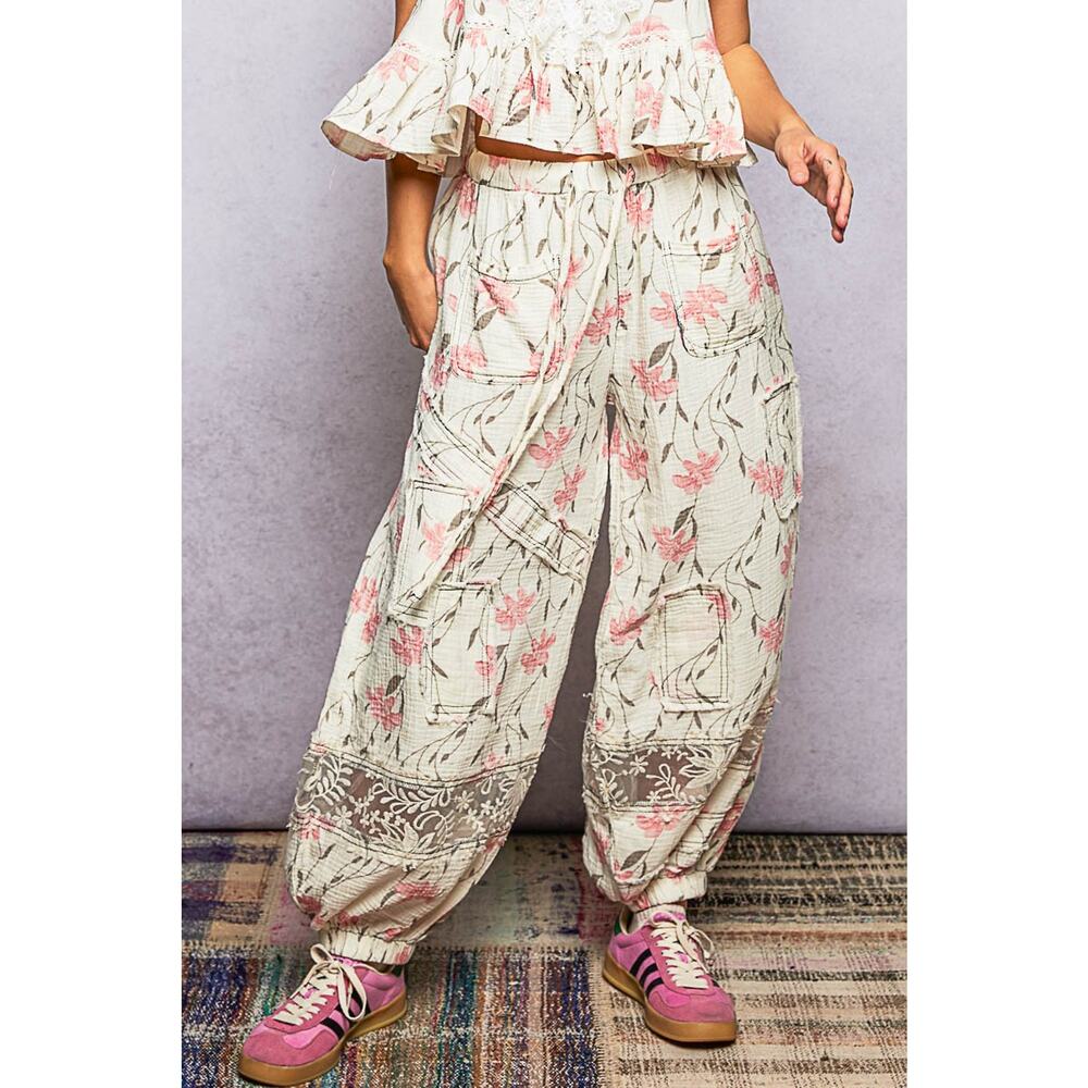 "Belle" Double Gauze Joggers in Ivory Pink Floral